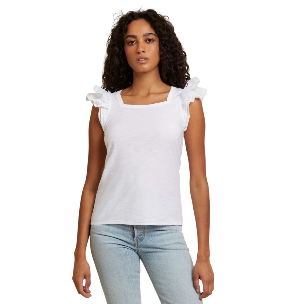 Nation LTD White Cameo Square Neck Ruffle Top Shirt Womens Small Basic Layering